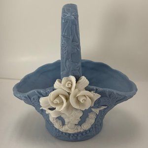 Victorian Style Porcelain Blue Handled Basket